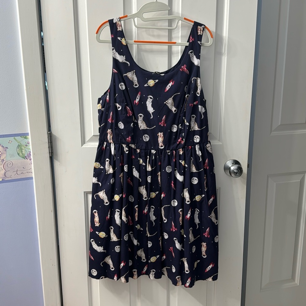 ModCloth, 1X, fit and flare dress, cats in space pattern, scoop neck, pockets
